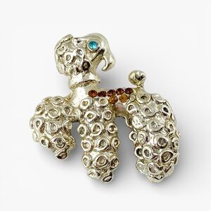 French Poodle Golden Rhinestone Brooch Lapel Pin Vintage Retro Costume Jewelry